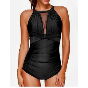 🆕 Tempt Me One Piece Swimsuit High Neck Ruched Mesh Monokini Swimsuit size L